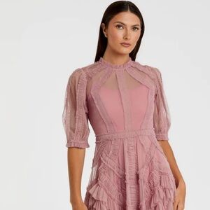 Pink High Neck Ruffle Tiered A-Line Midi Dress